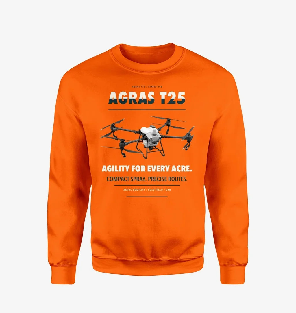 DJI Agras T25 design on orange sweatshirt