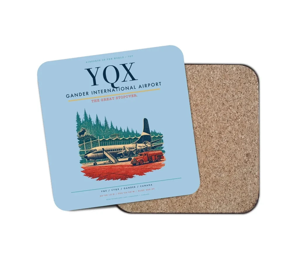 Gander International Airport (YQX) design on light blue 1 piece coaster