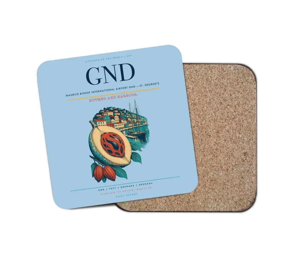 Maurice Bishop International Airport (GND) design on light blue 1 piece coaster