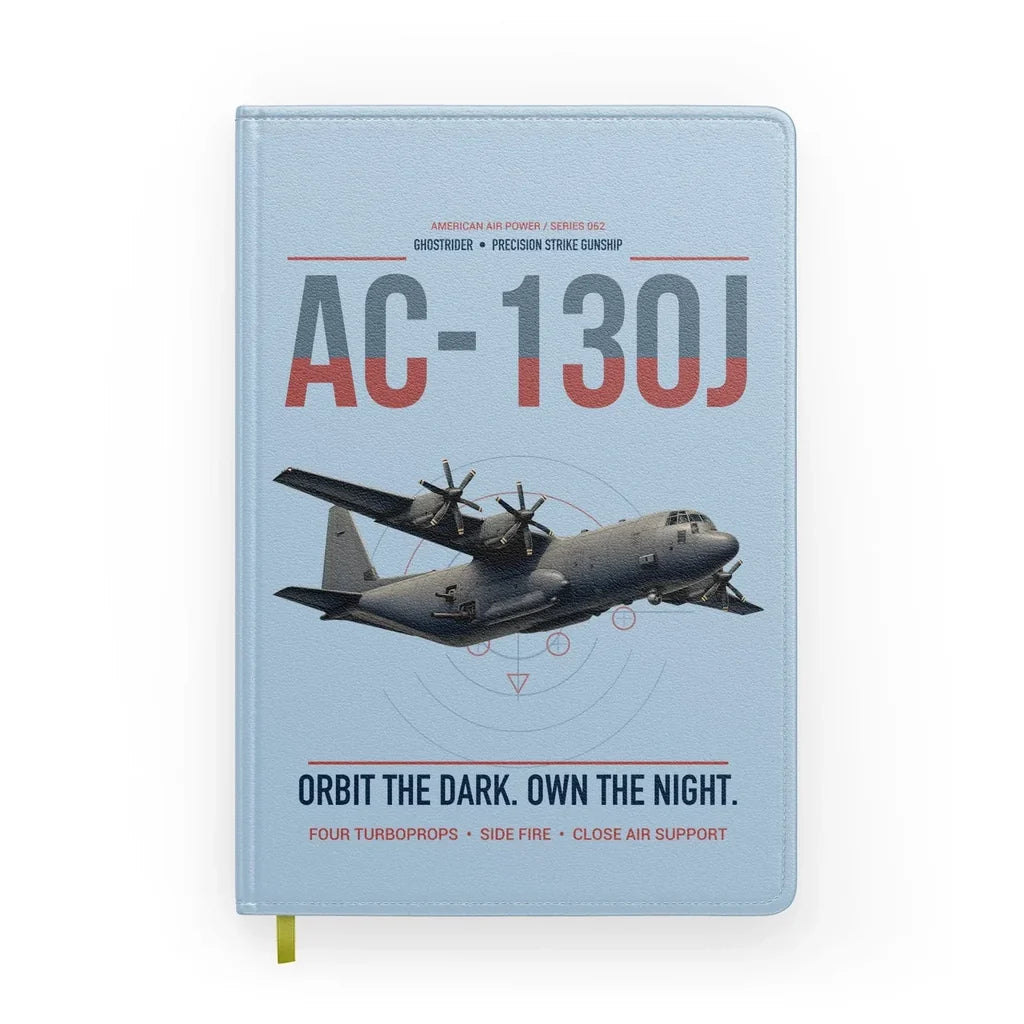 AC-130J Ghostrider design on light blue notebook