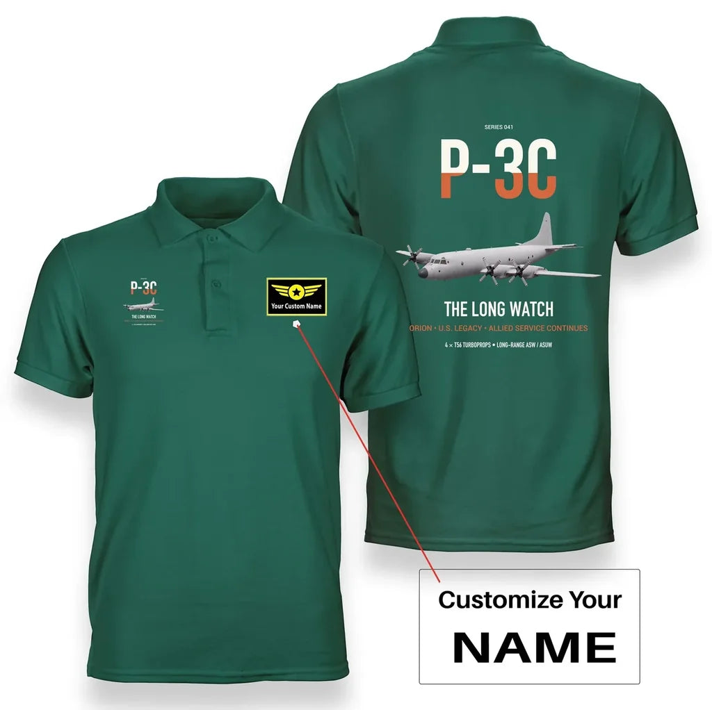 P-3C Orion design on green+name double-side polo t-shirt, double-side print