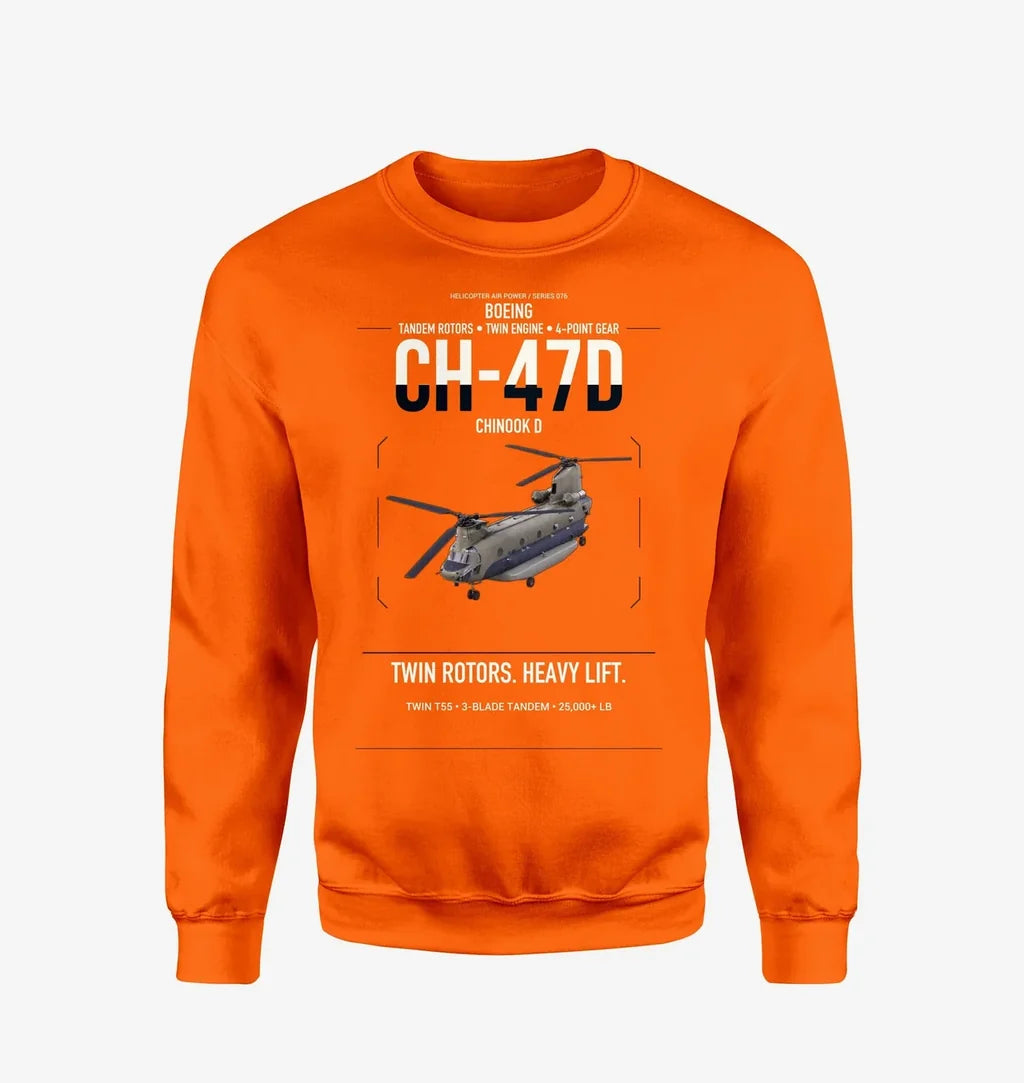Boeing CH-47D design on orange sweatshirt