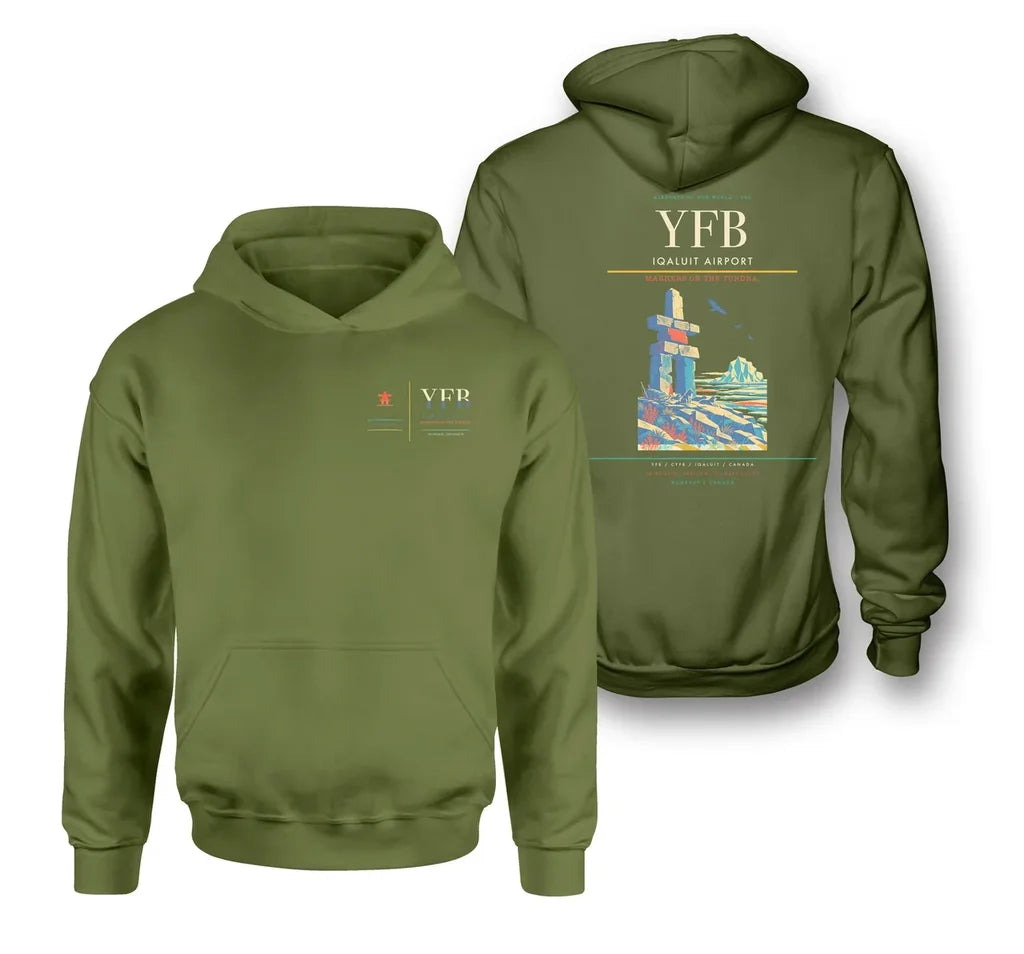 Iqaluit Airport (YFB) design on green army double-side hoodie