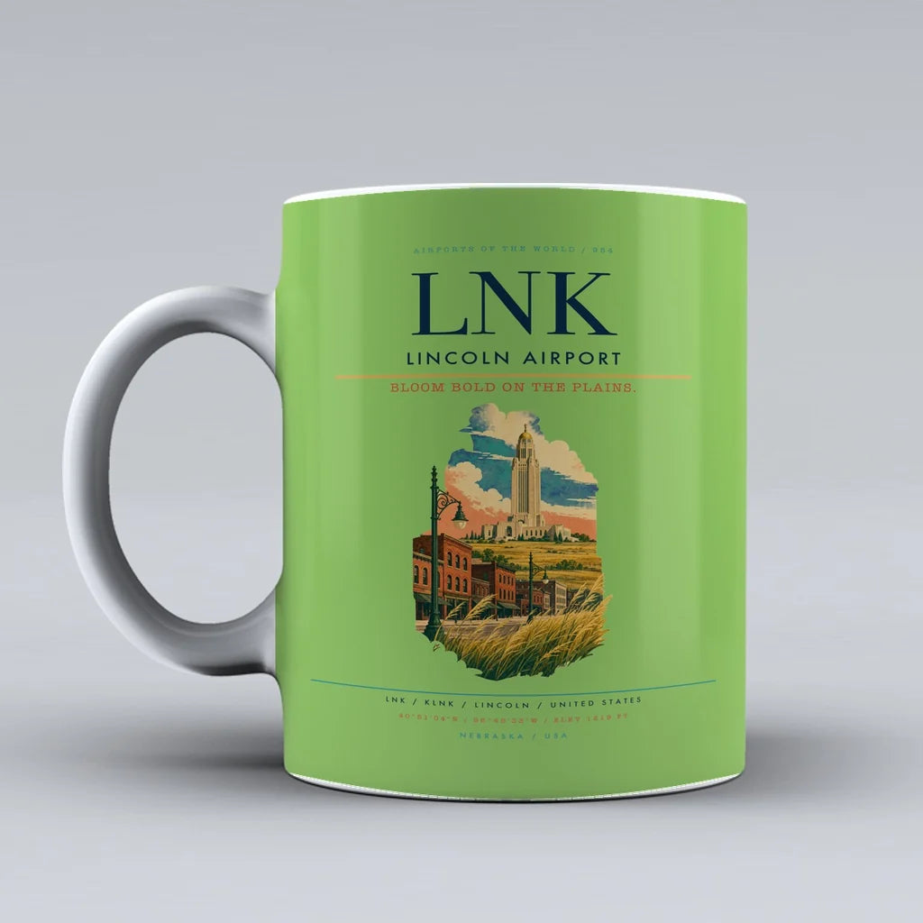 Lincoln Airport (LNK) airport code design on light green ceramic mug