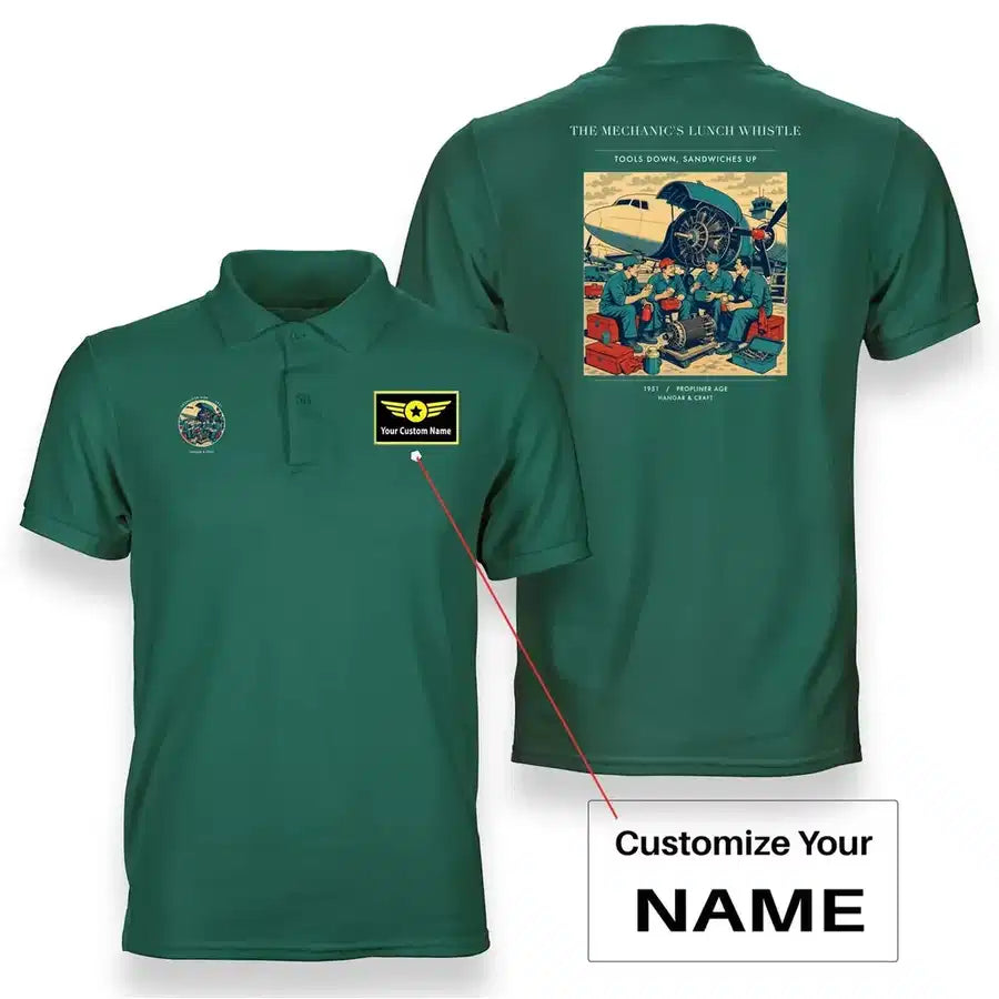 VINTAGE G4452 - The Mechanic's Lunch Whistle - Double-Side Polo T-Shirt design on green+name