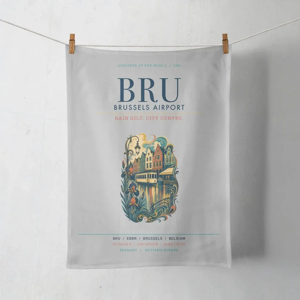 Brussels Airport (BRU) design on light gray towel
