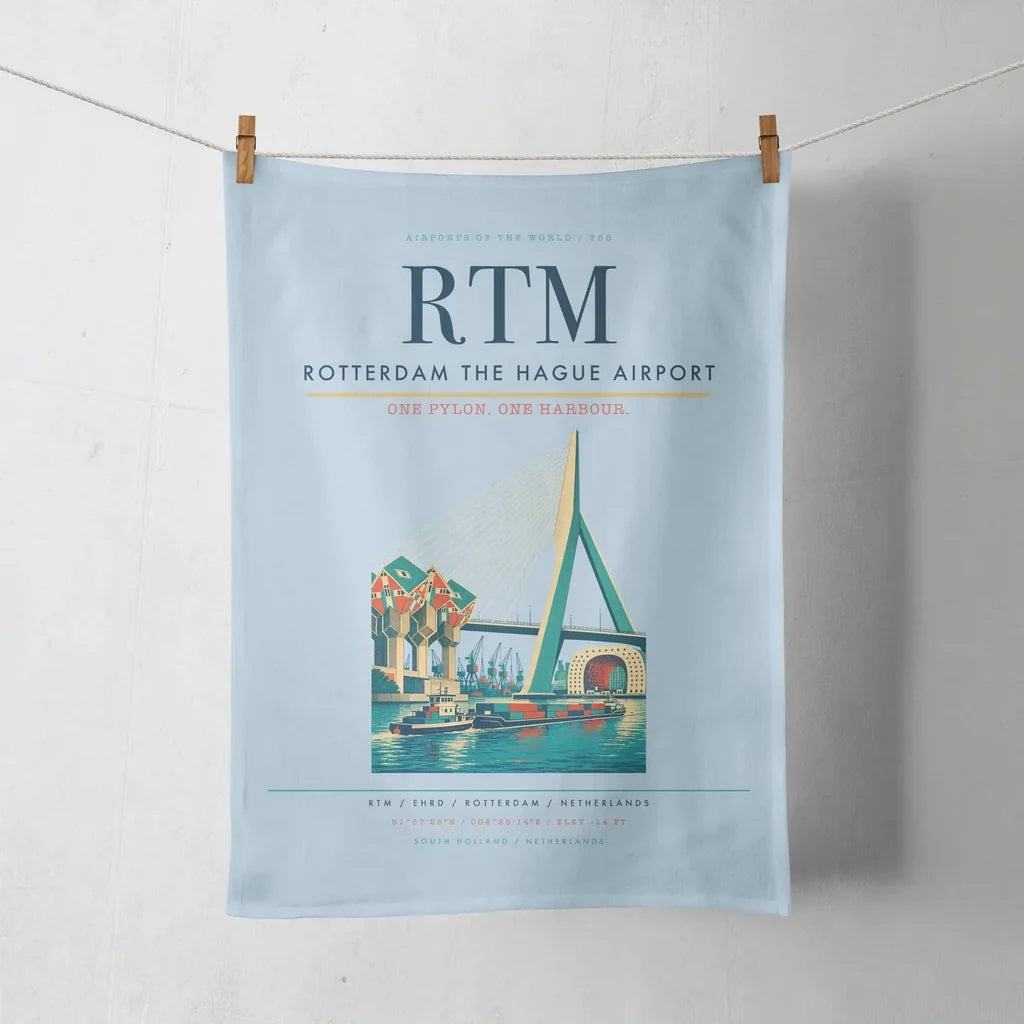 Rotterdam The Hague Airport (RTM) design on light blue towel