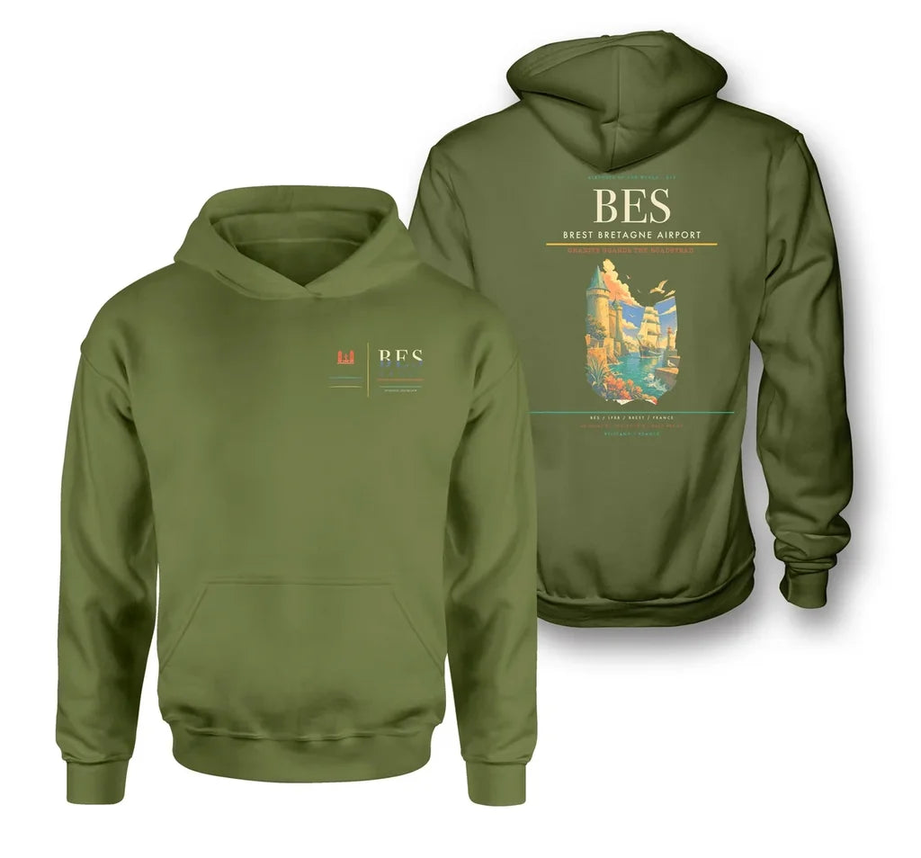 Brest Bretagne Airport (BES) design on green army double-side hoodie