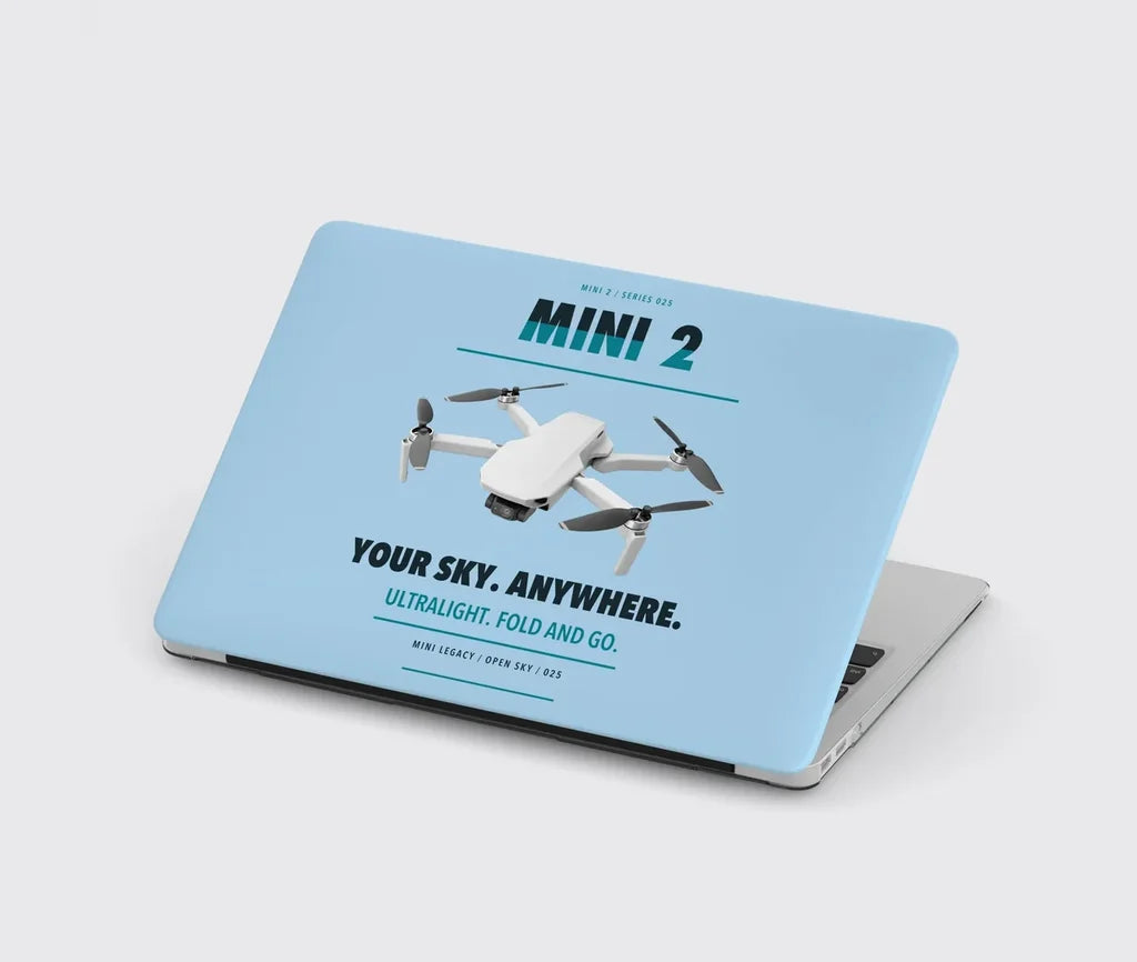 DJI Mini 2 design on light blue MacBook case
