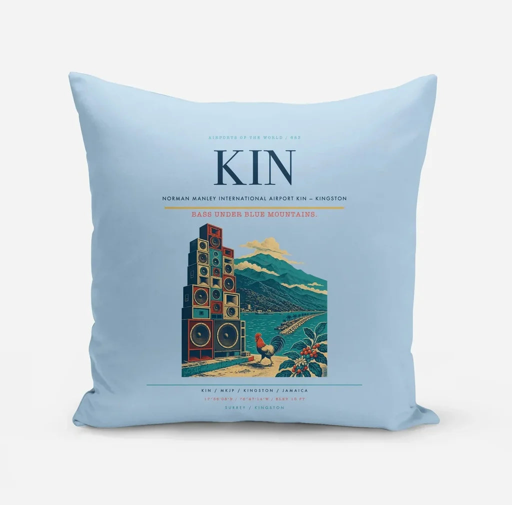 Norman Manley International Airport (KIN) design on light blue pillow