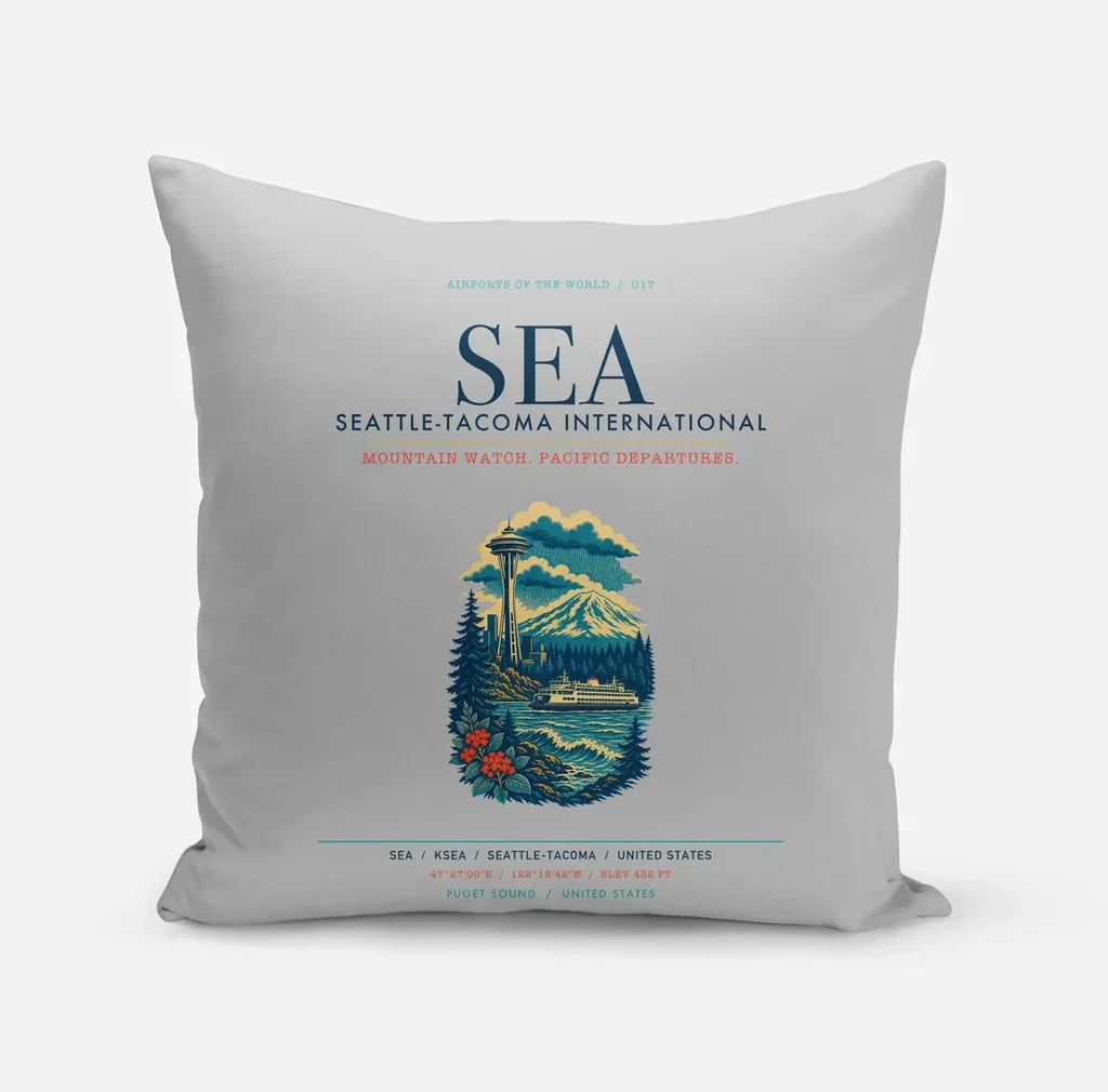 Seattle-Tacoma International Airport (SEA) design on light gray pillow