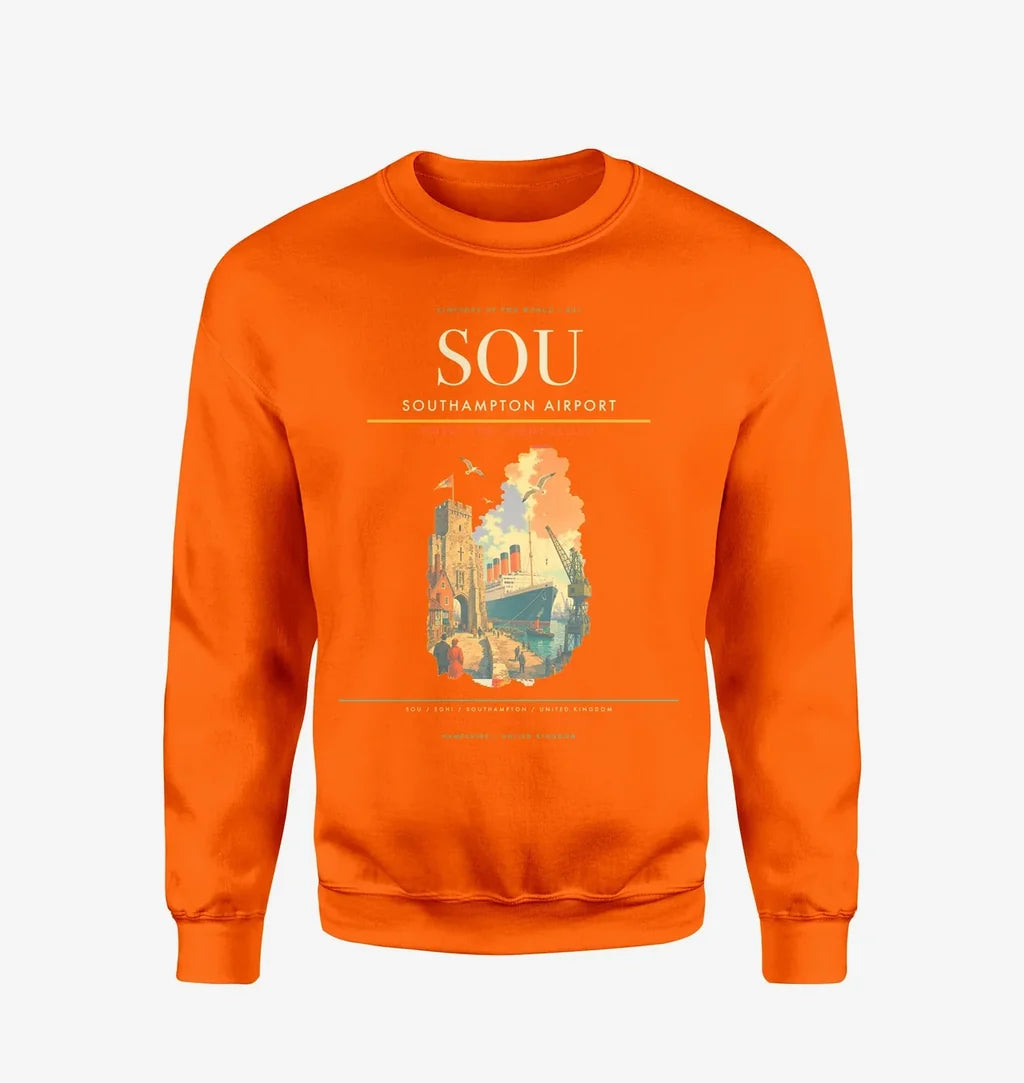 Southampton Airport (SOU) design on orange sweatshirt