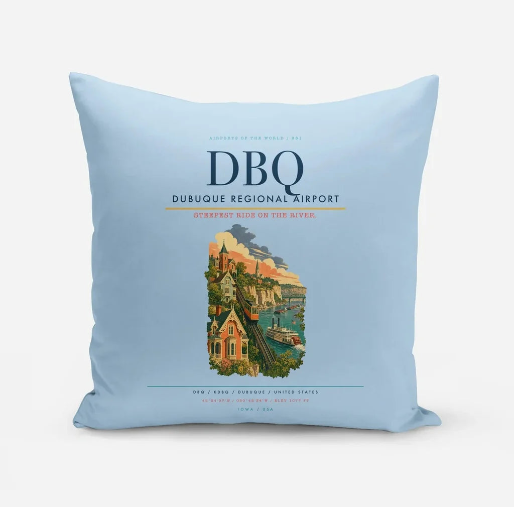 Dubuque Regional Airport (DBQ) design on light blue pillow