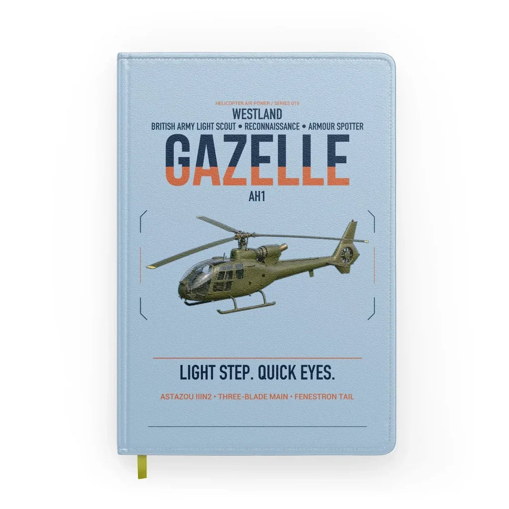 Westland Gazelle AH1 design on light blue notebook