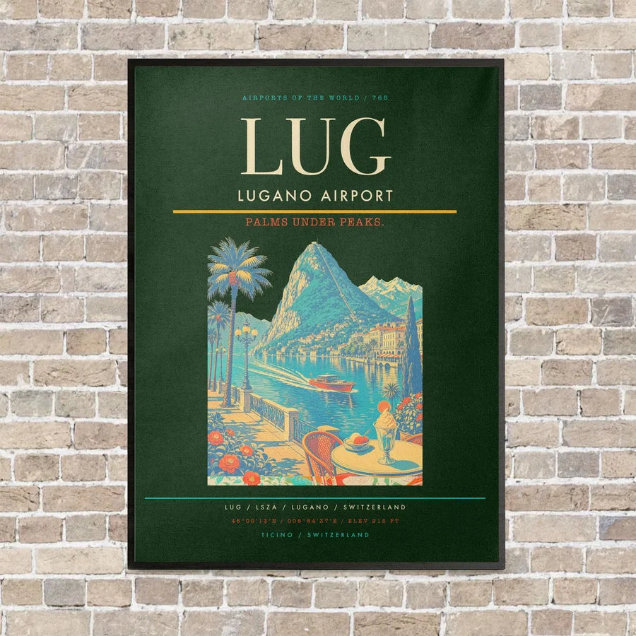 Lugano Airport LUG vertical canvas print - framed - dark green background