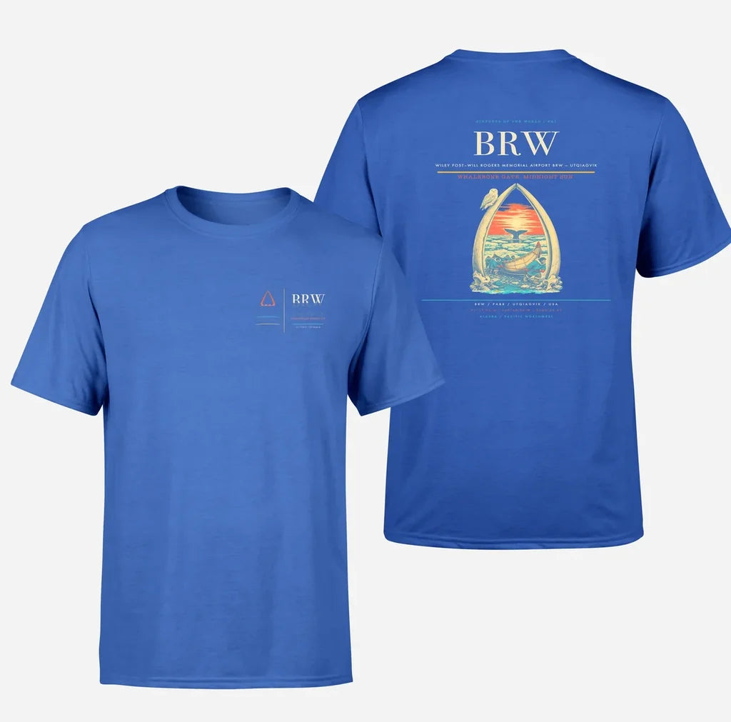 Wiley Post–Will Rogers Memorial Airport (BRW) design printed on blue double-side t-shirt