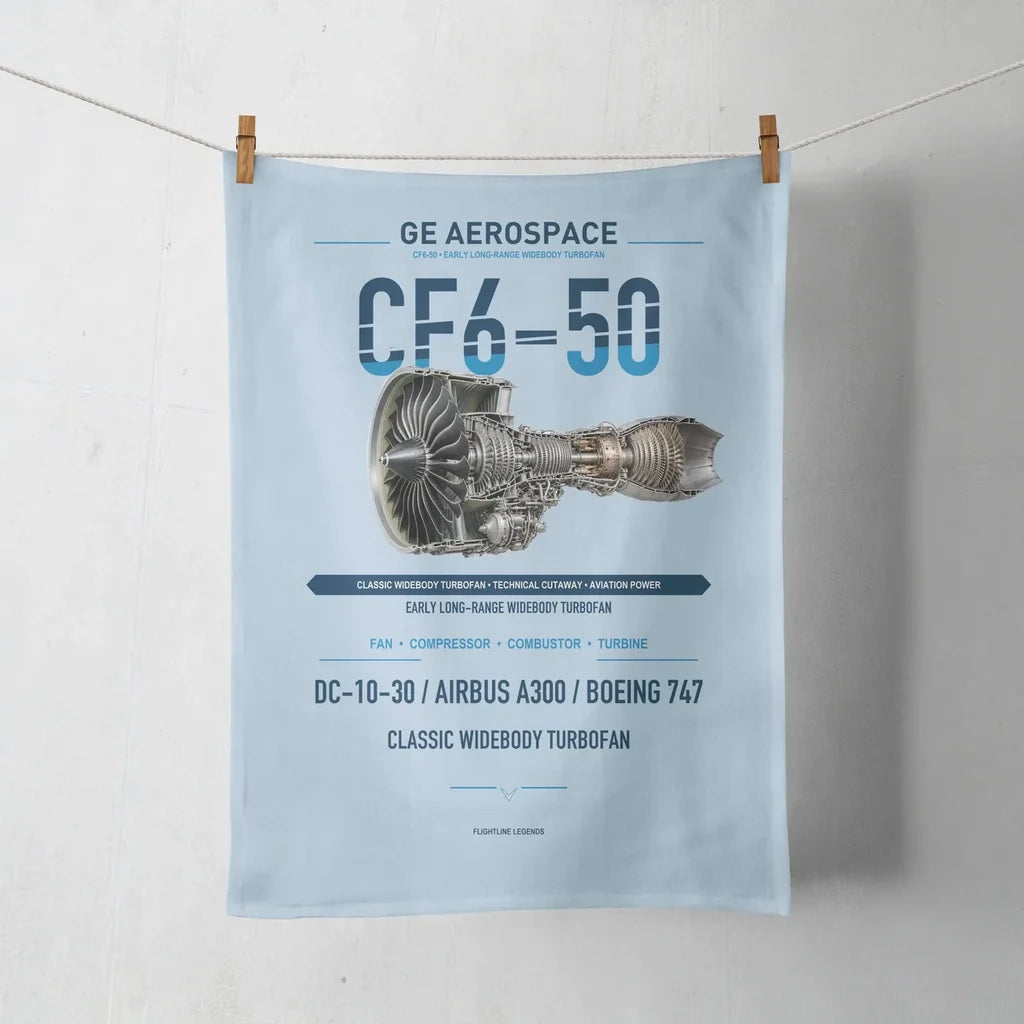 CF6-50 design on light blue towel