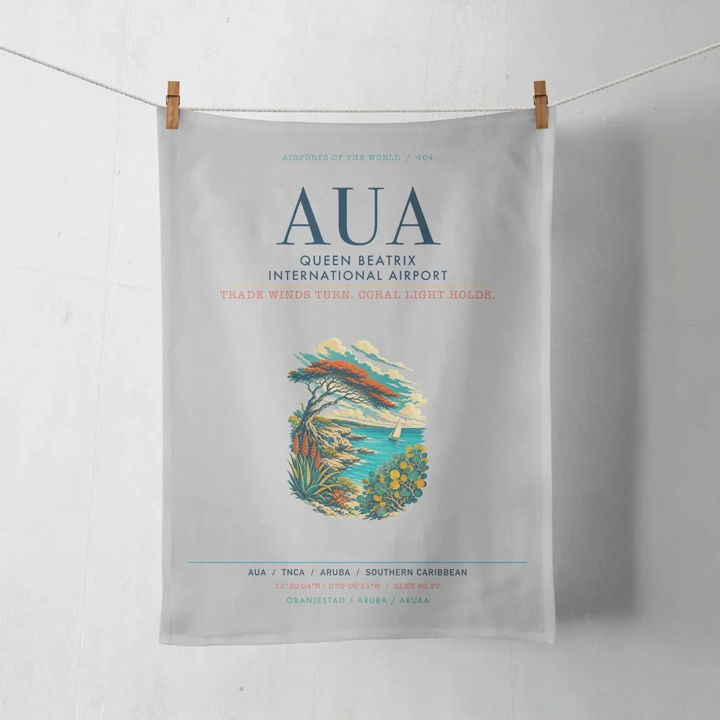 Queen Beatrix International Airport (AUA) design on light gray towel