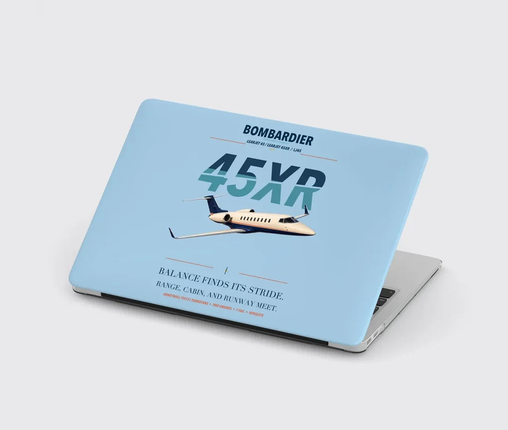 Bombardier Learjet 45XR design on light blue MacBook case