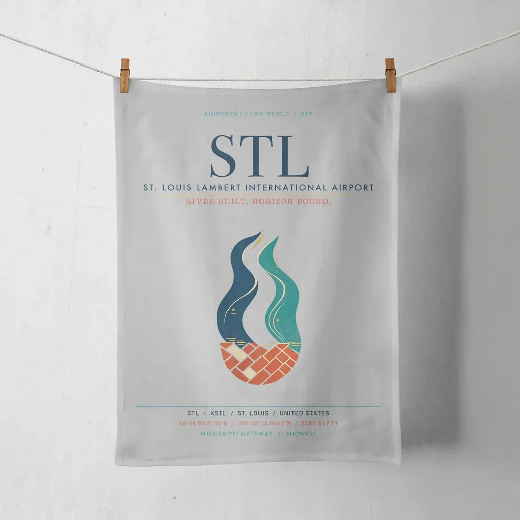 St. Louis Lambert International Airport (STL) design on light gray towel