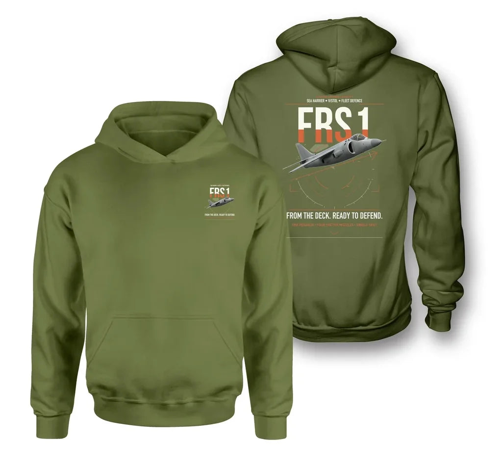 British Aerospace Sea Harrier FRS.1 design on green army double-side hoodie, double-side print