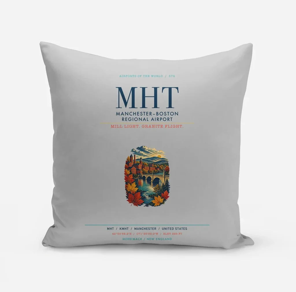 Manchester–Boston Regional Airport (MHT) design on light gray pillow