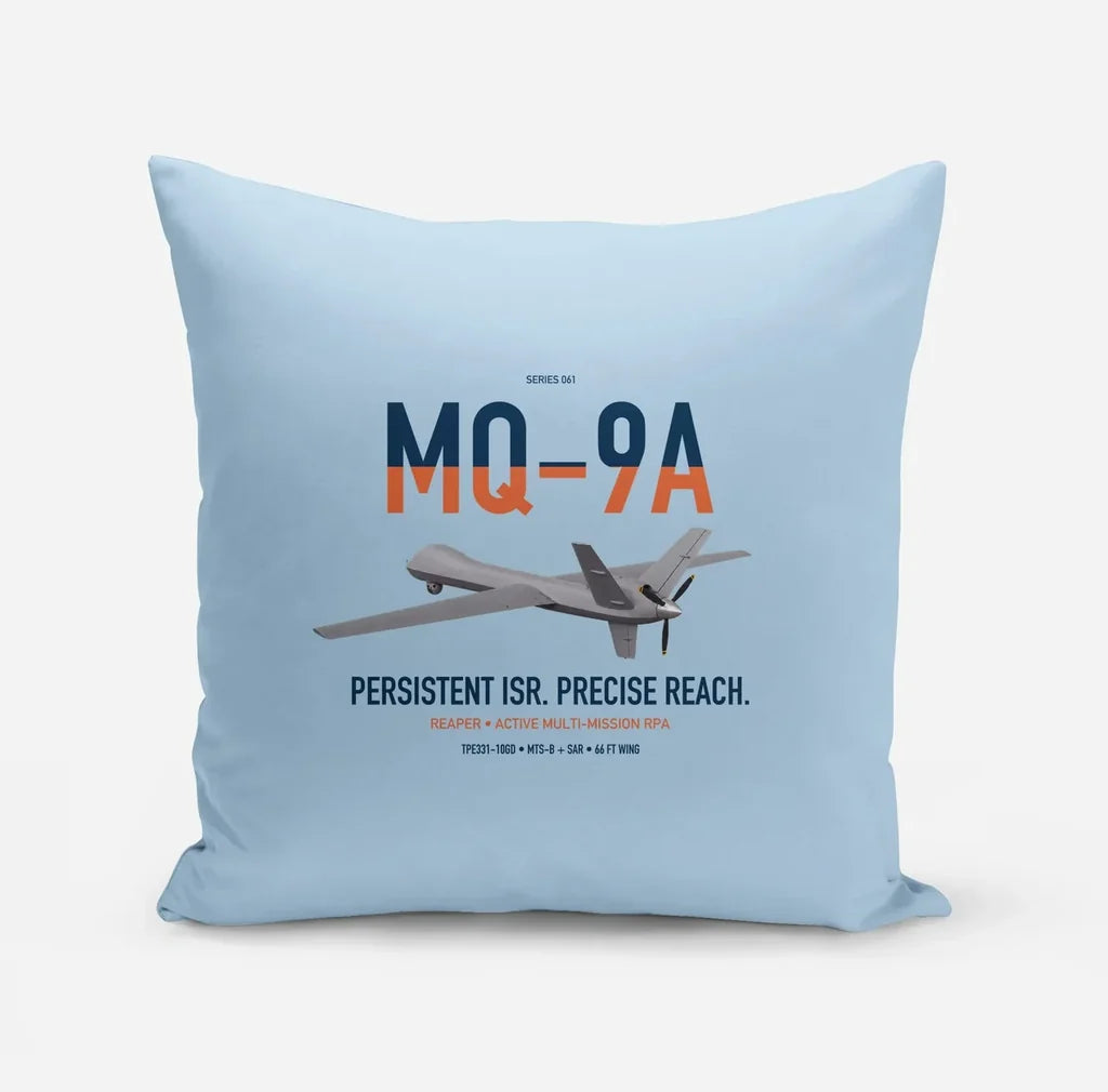 MQ-9A Reaper design on light blue pillow