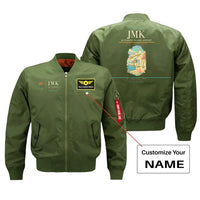 Thumbnail for Mykonos Island Airport (JMK) design on green bomber jacket with custom name patch