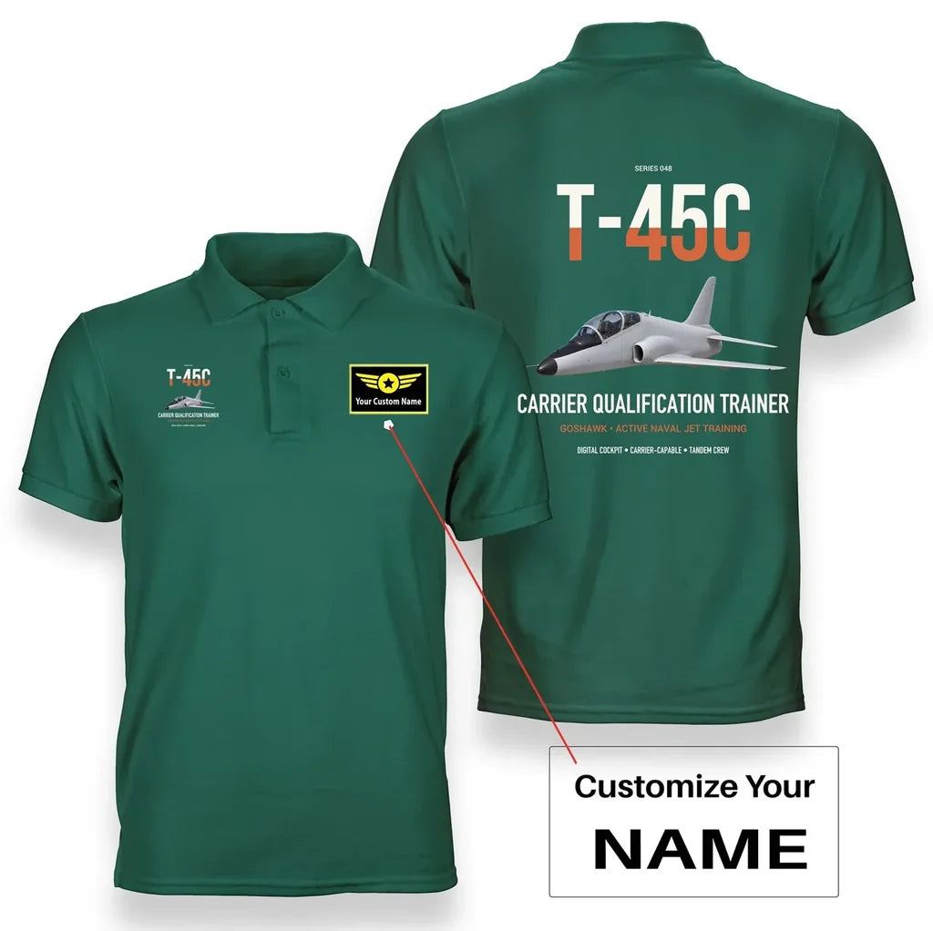 T-45C Goshawk design on green+name double-side polo t-shirt, double-side print