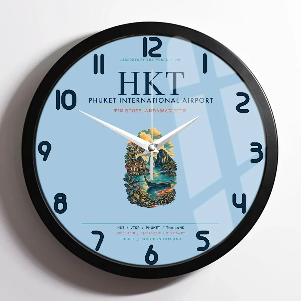Phuket International Airport (HKT) design on light blue framed wall clock