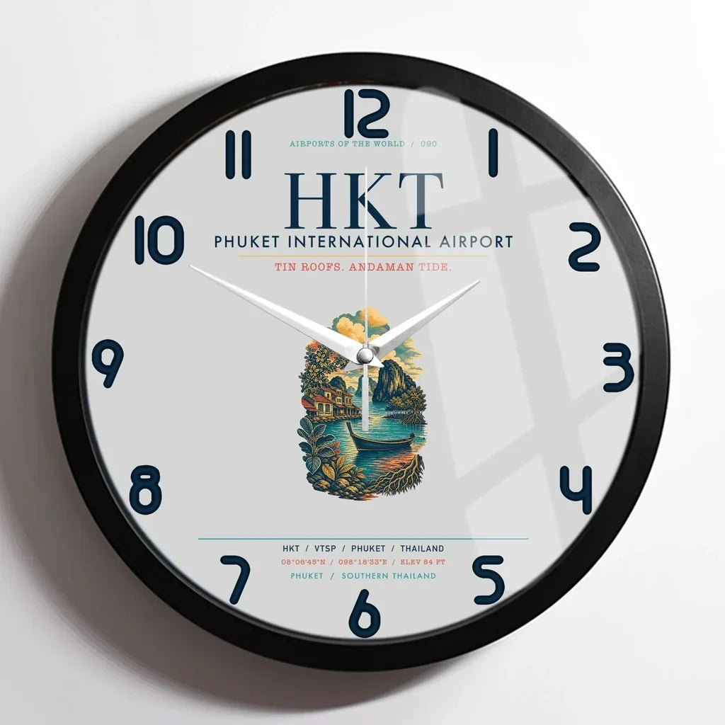 Phuket International Airport (HKT) design on light gray framed wall clock