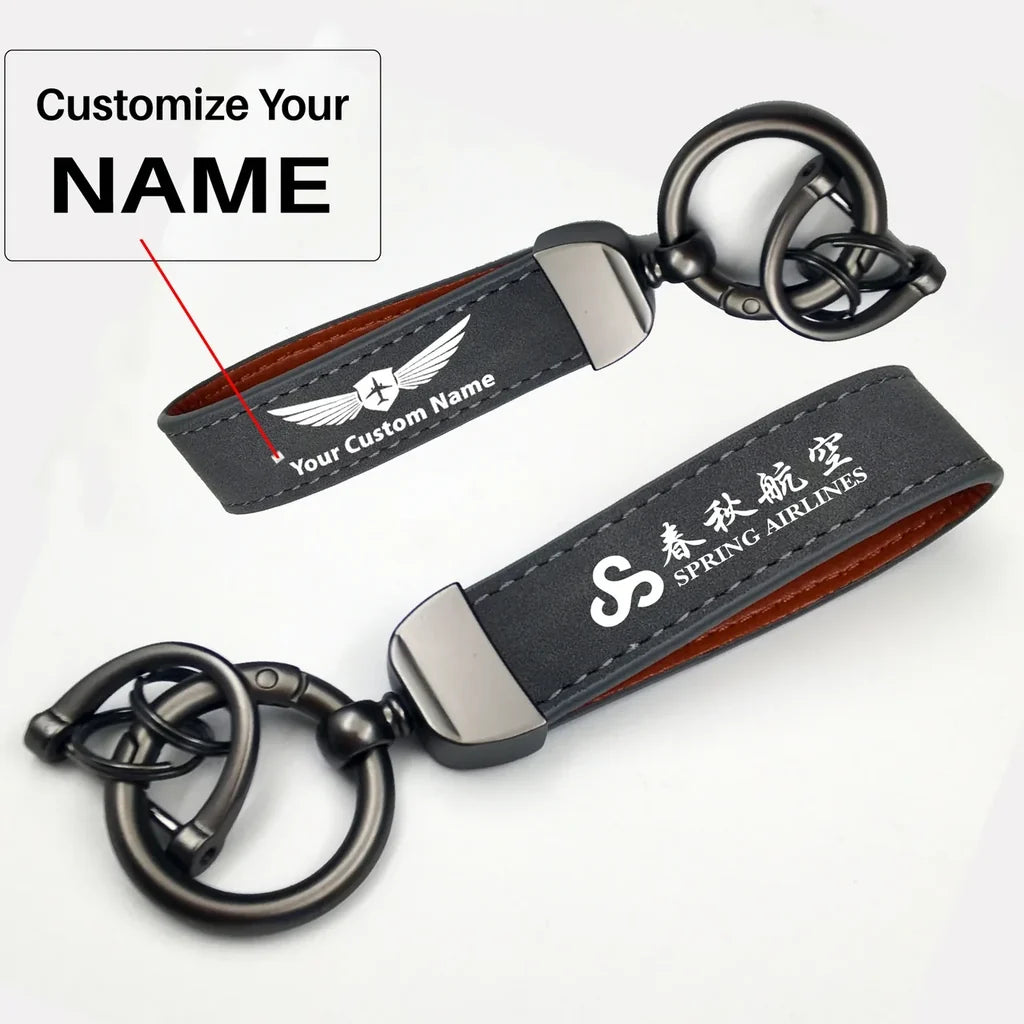 Spring Airlines Horseshoe Buckle key chain, Gray + Name
