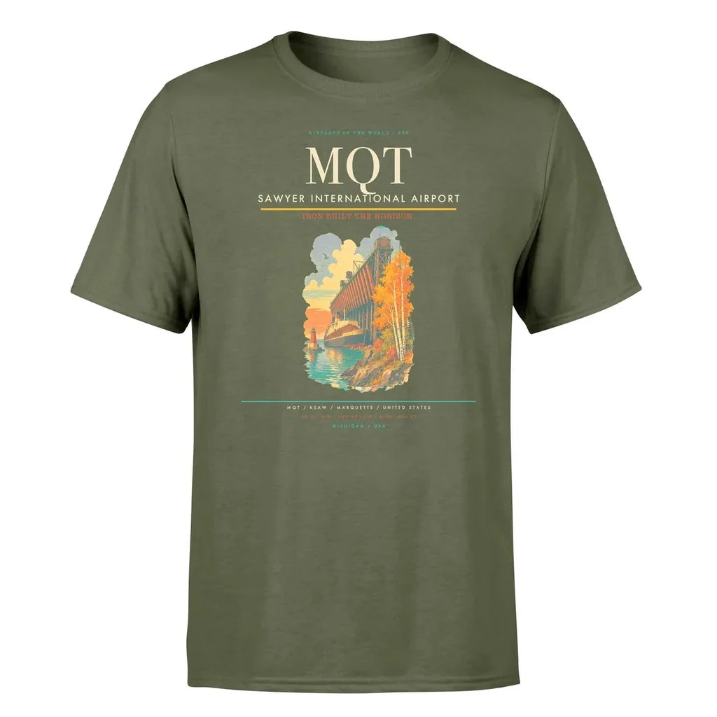 Sawyer International Airport (MQT) T-Shirt single-side front print in Green Army | sawyer-international-airport-mqt-double-side-t-shirt