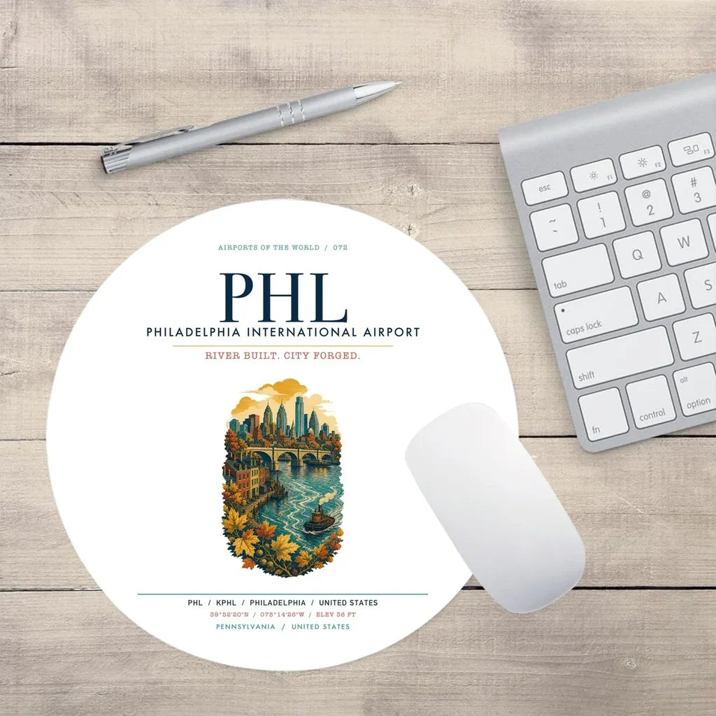 Philadelphia International Airport (PHL) design on white round mouse pad