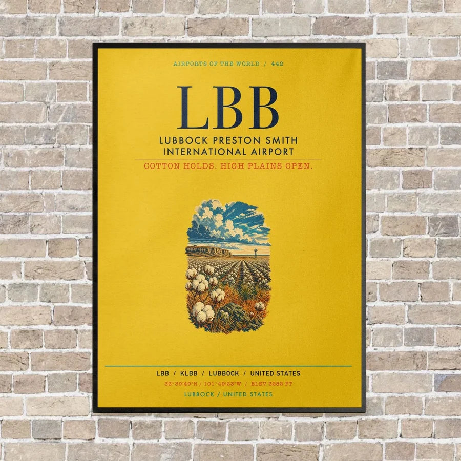 Lubbock Preston Smith International Airport LBB vertical canvas print - framed - yellow background