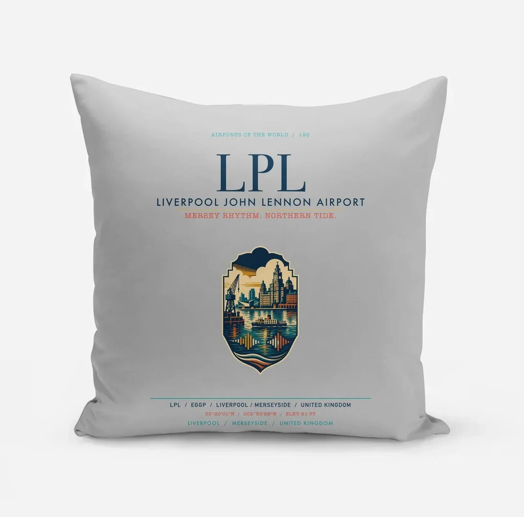 Liverpool John Lennon Airport (LPL) design on light gray pillow