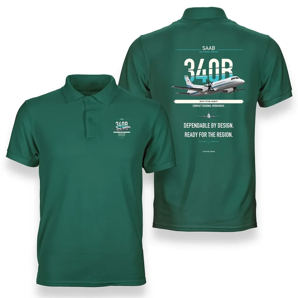 Saab 340B design on green polo