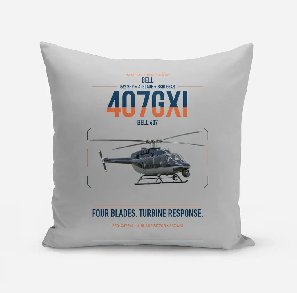 Bell 407GXi design on light gray pillow