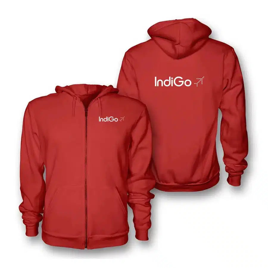 Indigo Airlines logo on red zipped hoodie