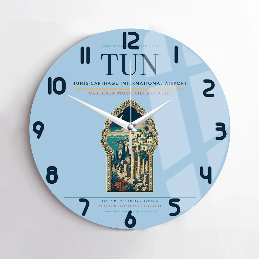 Tunis-Carthage International Airport (TUN) design on light blue no frame wall clock