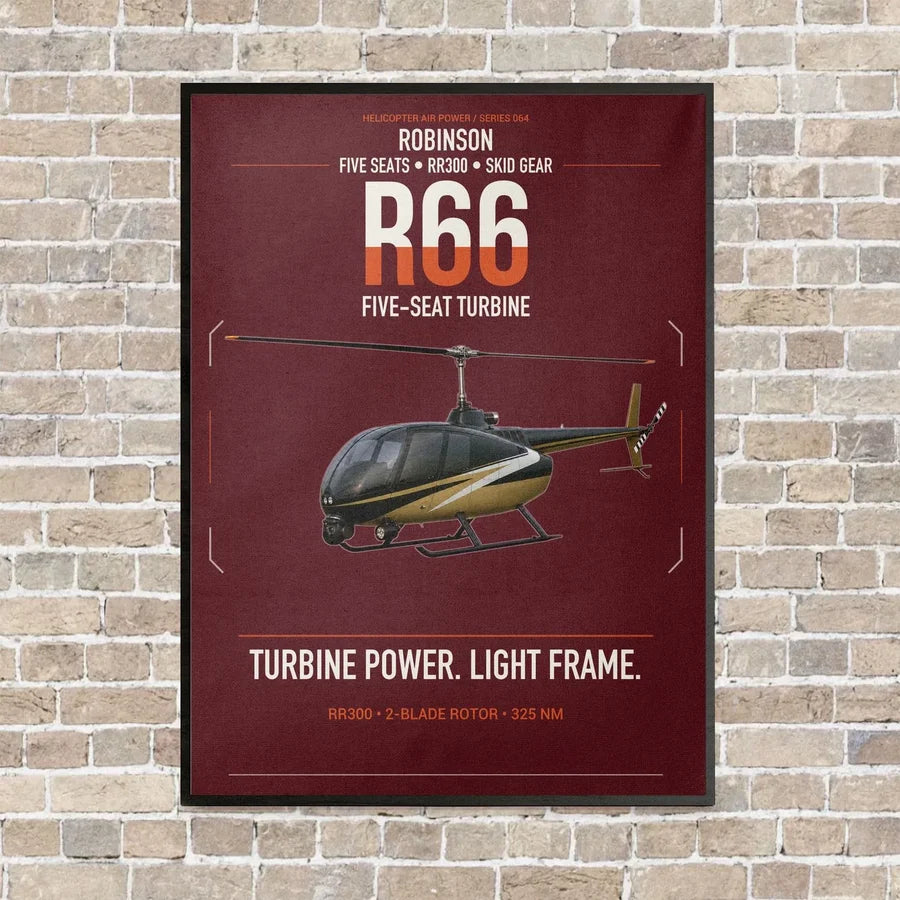 Robinson R66 vertical canvas print - framed - dark red background