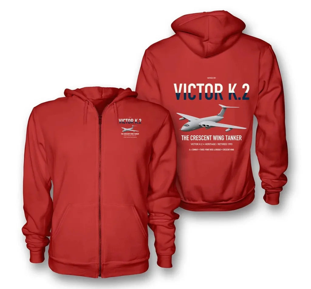 Handley Page Victor K.2 design on red premium zipped hoodie, double-side print