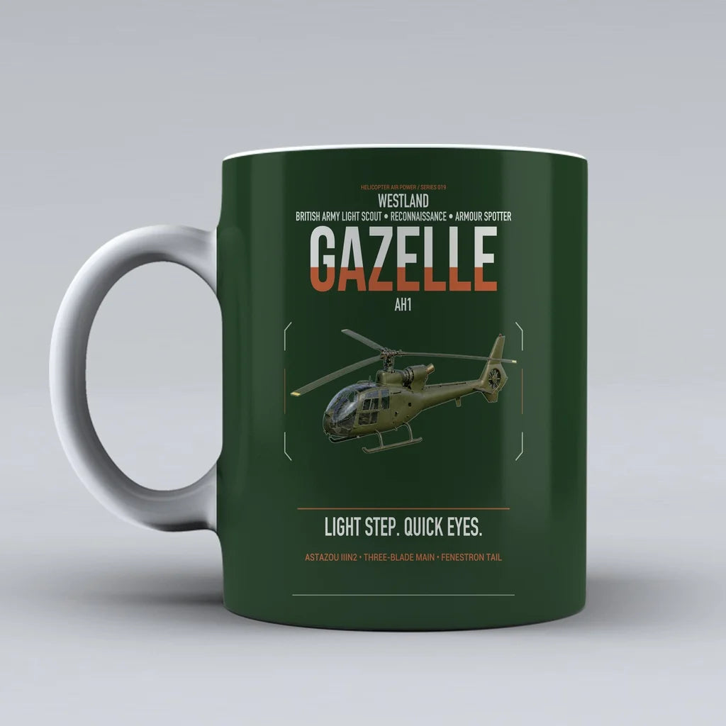 Westland Gazelle AH1 design on dark green ceramic mug, double-side print