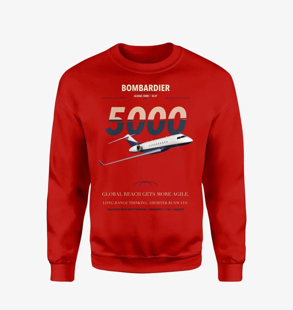 Bombardier Global 5000 design on red sweatshirt