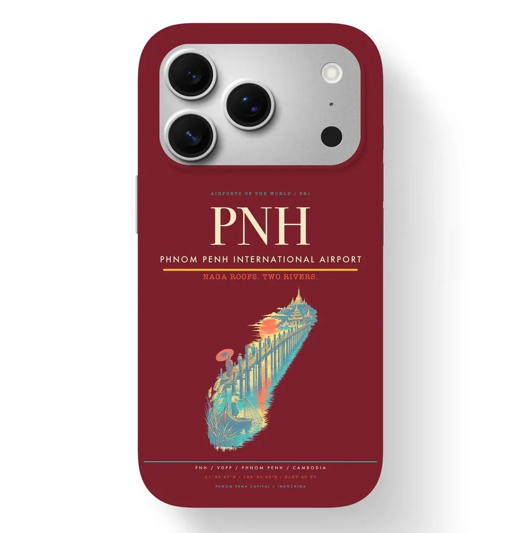 Phnom Penh Airport (PNH) design on dark red iPhone 17 Pro MagSafe case