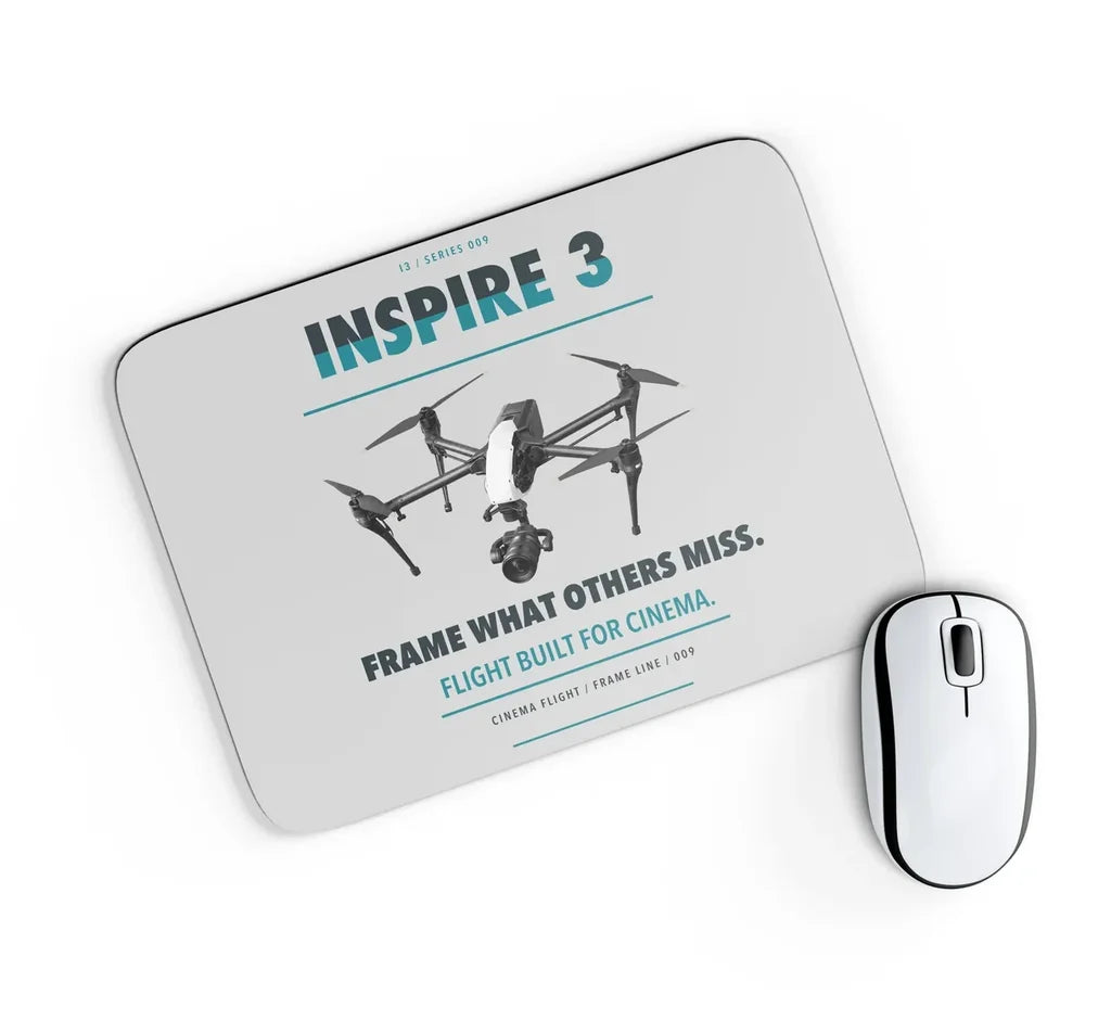 DJI Inspire 3 design on light gray rectangle mouse pad