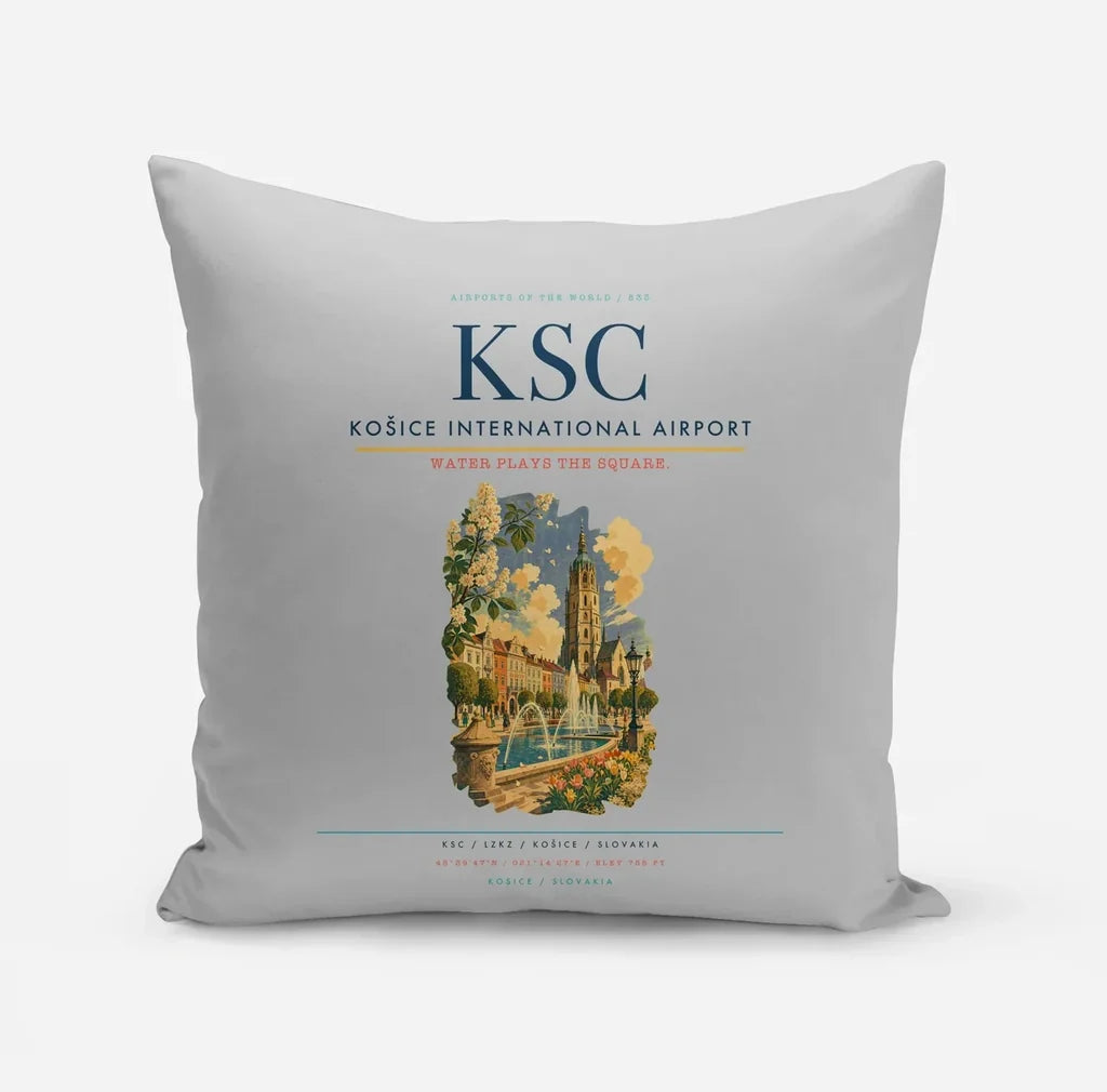 Košice International Airport (KSC) design on light gray pillow