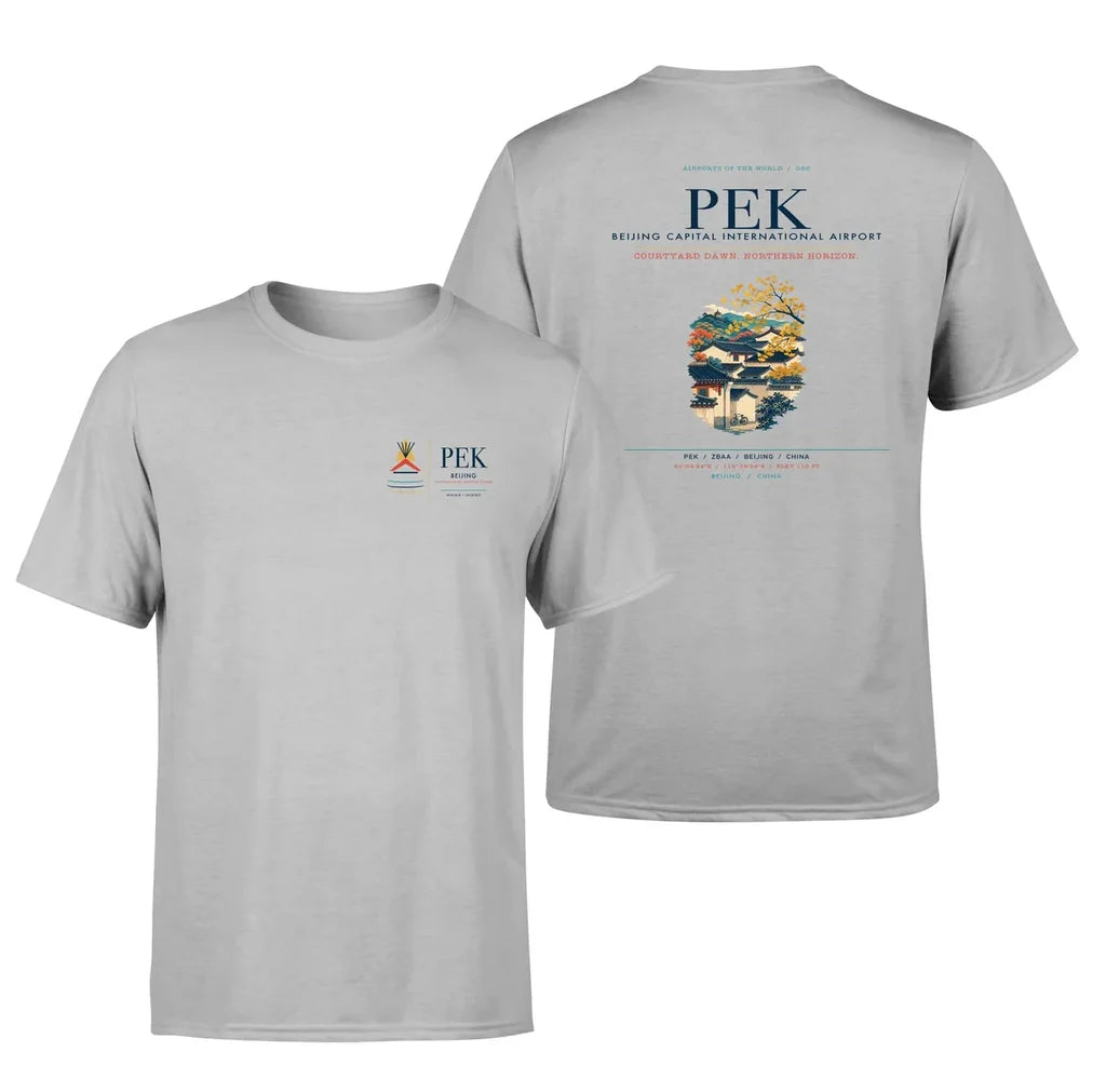 Beijing Airport (PEK) design printed on light gray double-side t-shirt