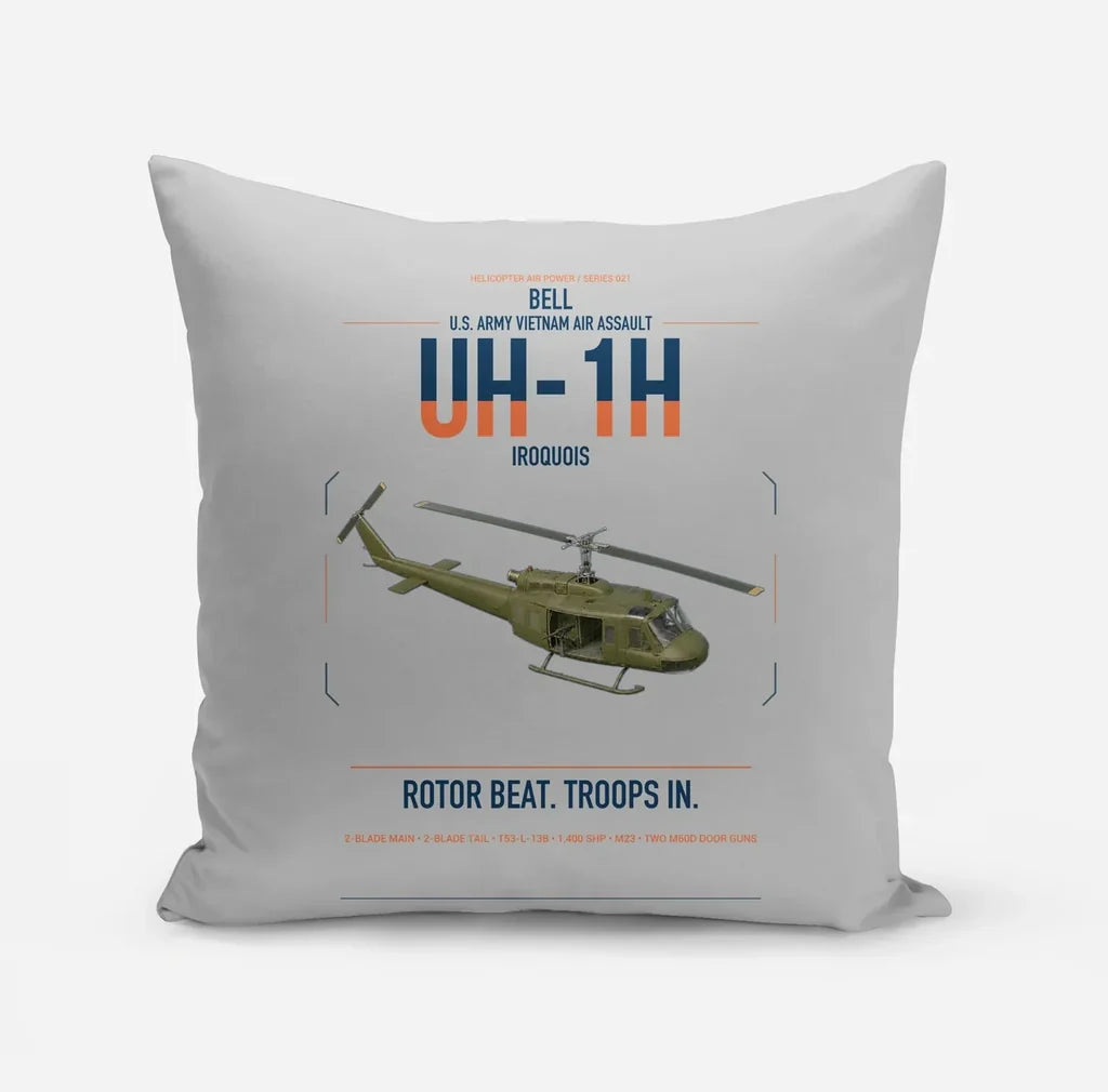 Bell UH-1H Iroquois design on light gray pillow