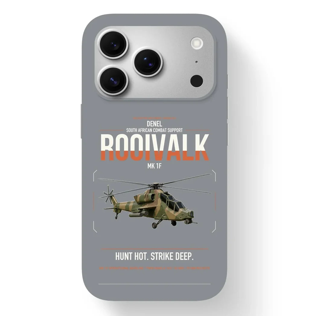 Denel Rooivalk Mk 1F design on gray magsafe iphone case, for iPhone 17 Pro